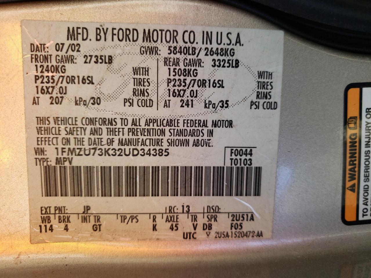 Photo 10 from auction – 2002 FORD EXPLORER X with VIN 1FMZU73K32UD34385