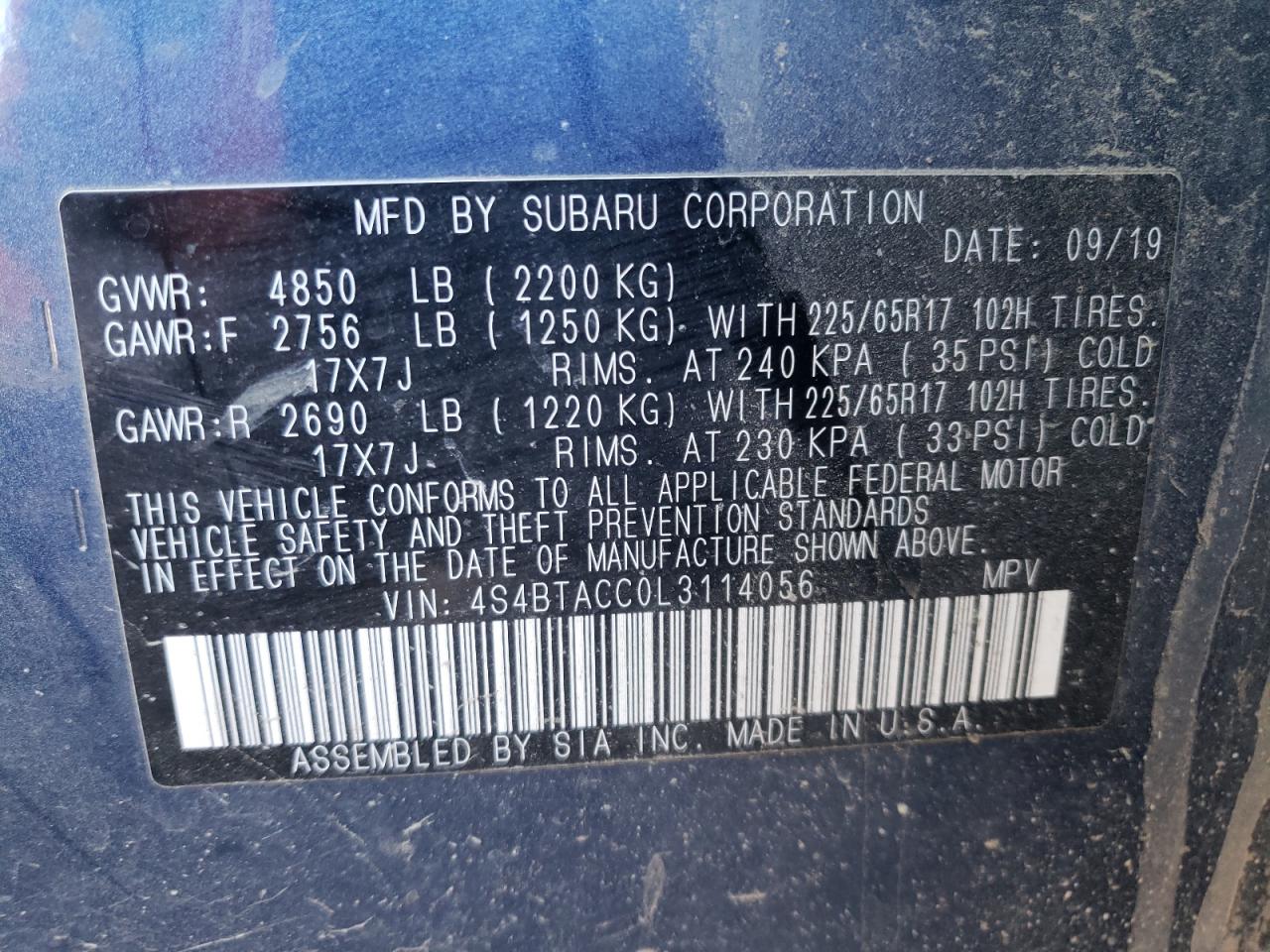 Photo 10 from auction – 2020 SUBARU OUTBACK PR with VIN 4S4BTACC0L3114056