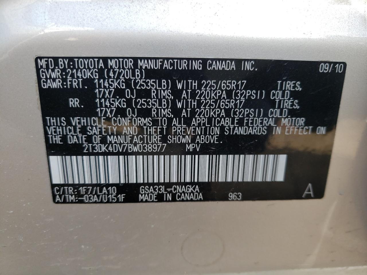 Photo 10 from auction – 2011 TOYOTA RAV4 LIMIT with VIN 2T3DK4DV7BW038977