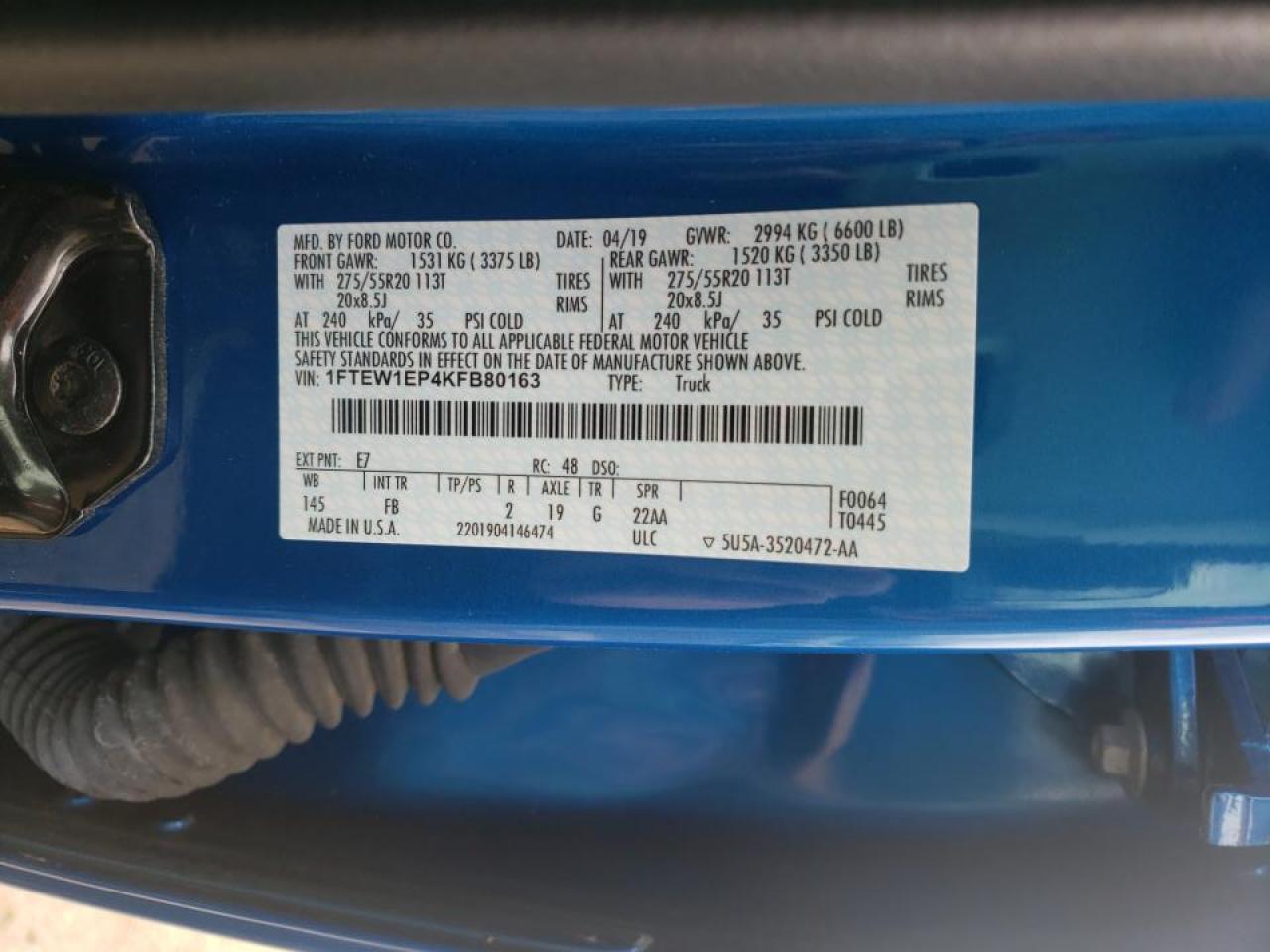 Photo 10 from auction – 2019 FORD F150 SUPER with VIN 1FTEW1EP4KFB80163