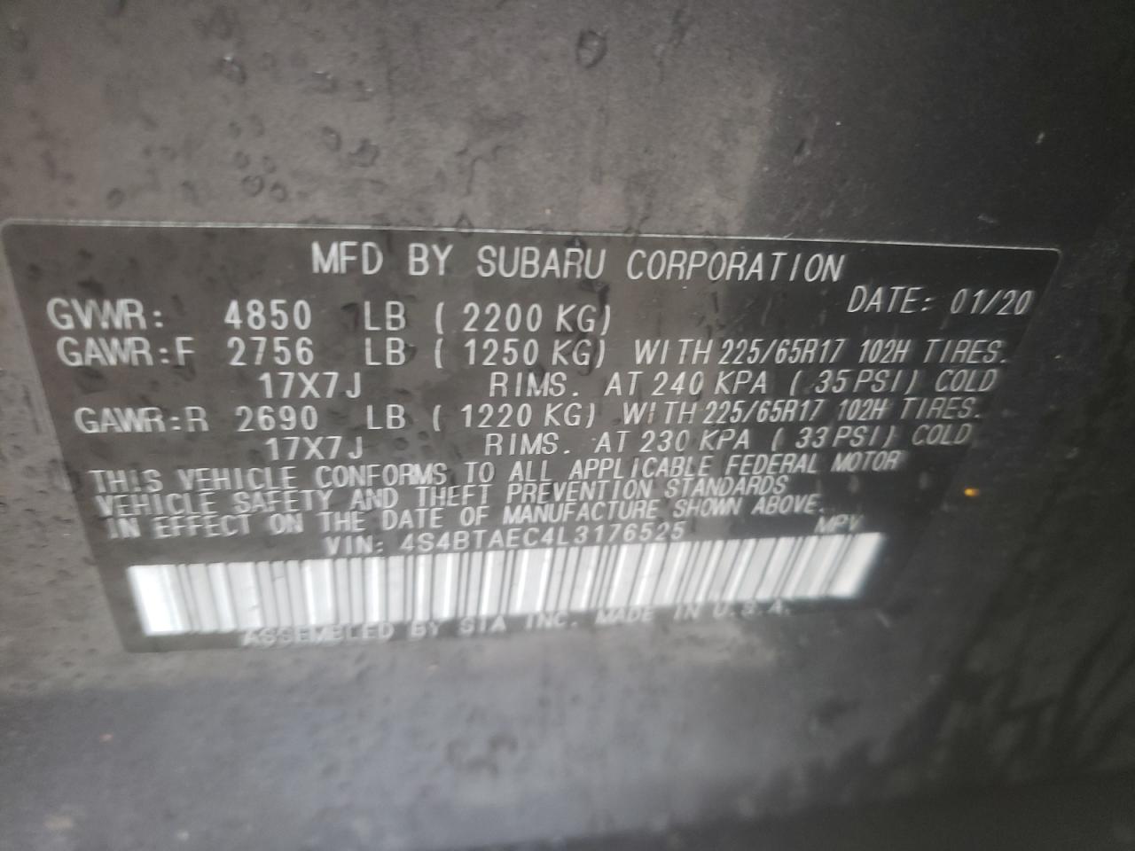 Photo 10 from auction – 2020 SUBARU OUTBACK PR with VIN 4S4BTAEC4L3176525