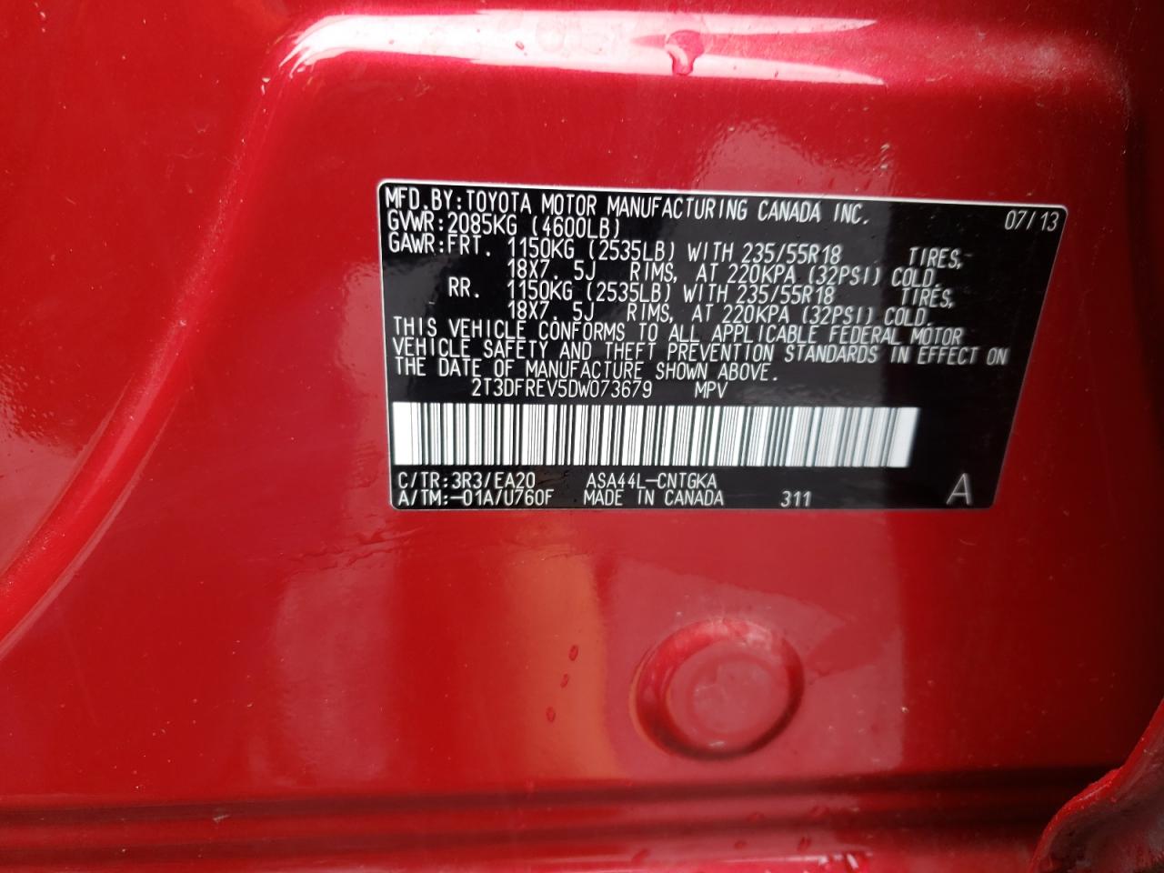Photo 10 from auction – 2013 TOYOTA RAV4 LIMIT with VIN 2T3DFREV5DW073679