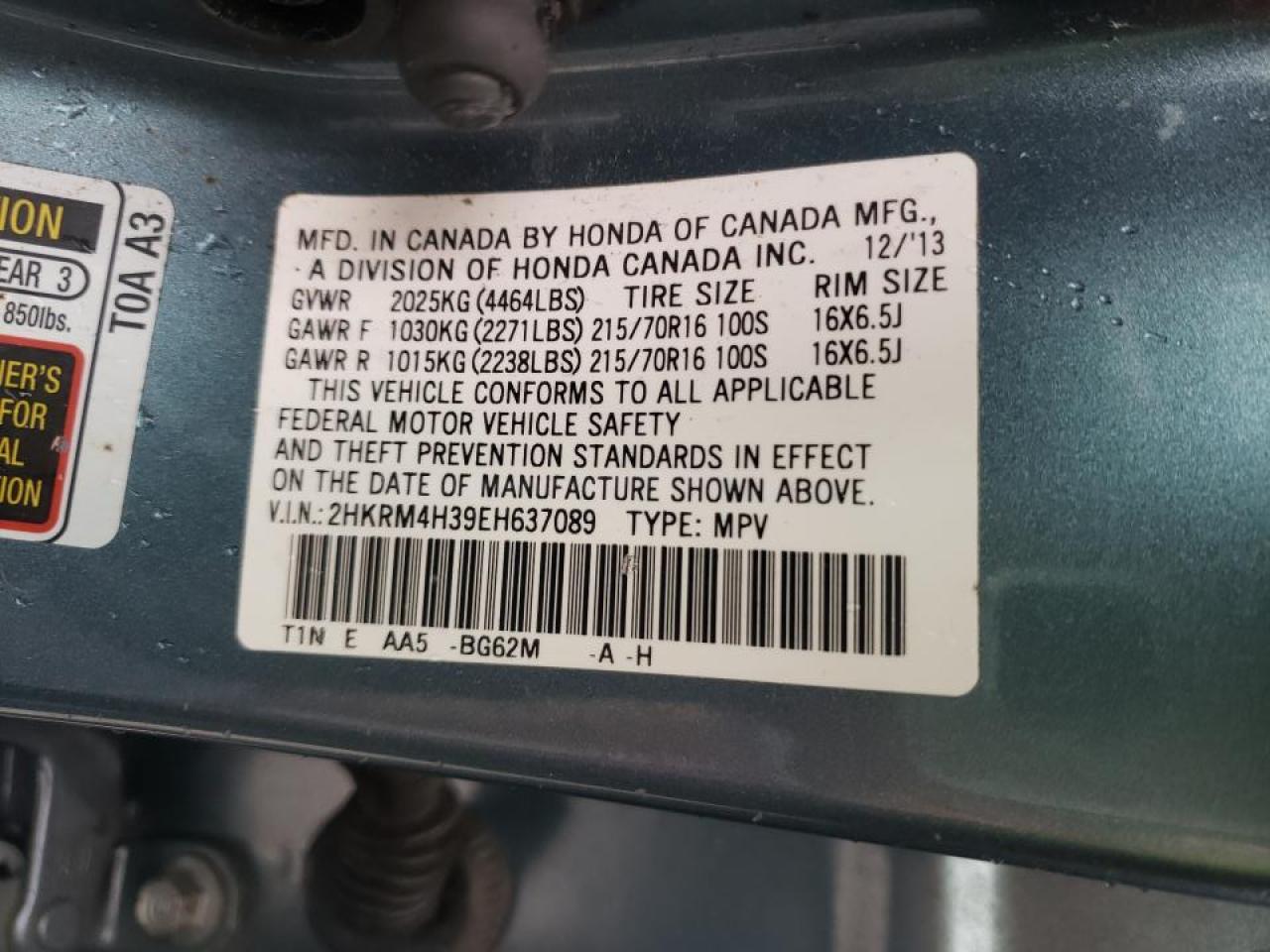 Photo 10 from auction – 2014 HONDA CR-V LX with VIN 2HKRM4H39EH637089