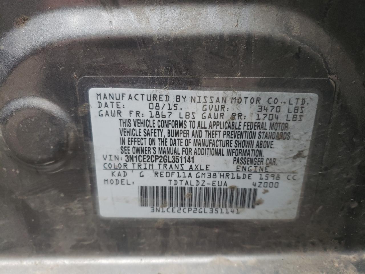 Photo 10 from auction – 2016 NISSAN VERSA NOTE with VIN 3N1CE2CP2GL351141