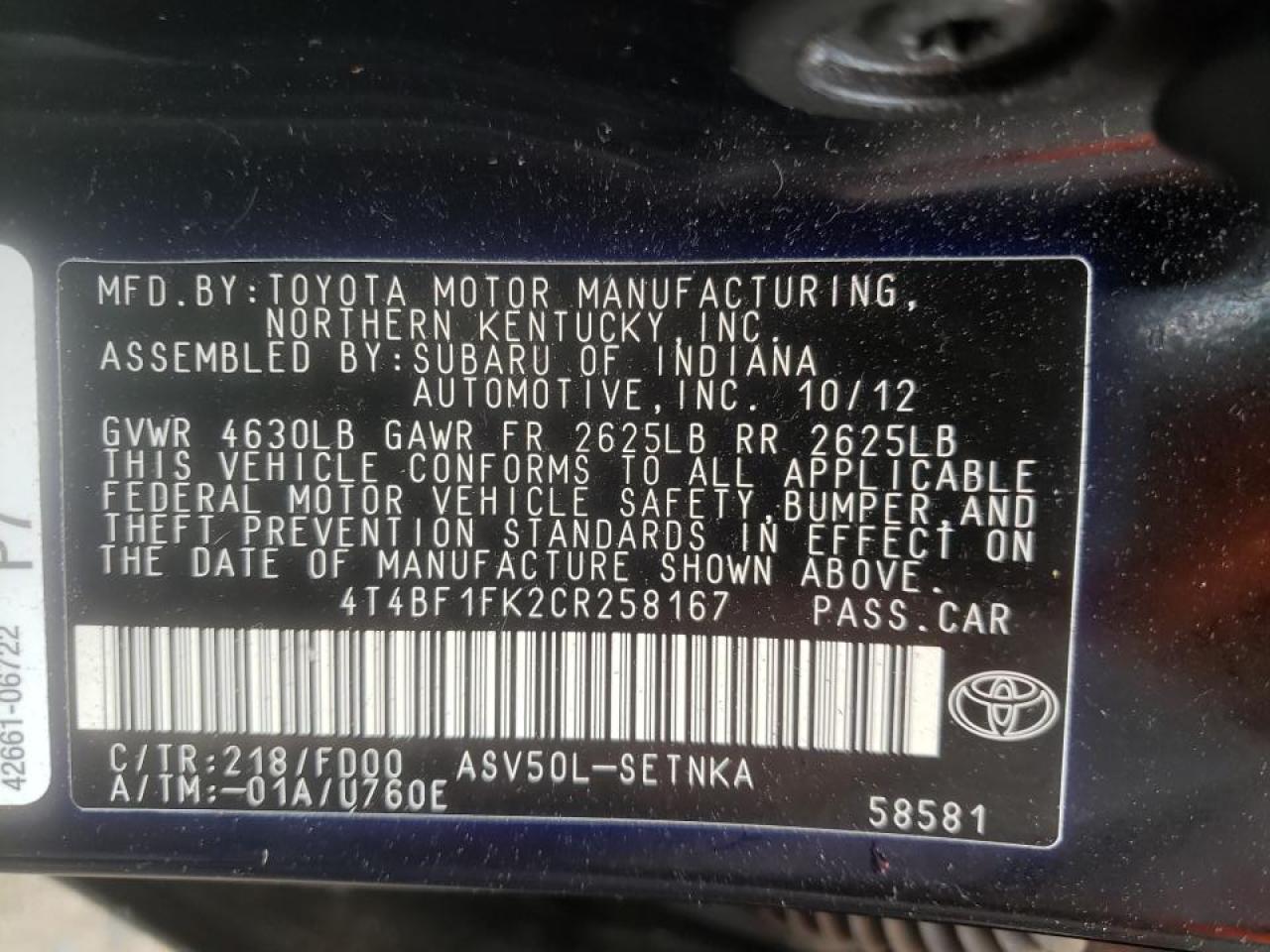 Photo 10 from auction – 2012 TOYOTA CAMRY BASE with VIN 4T4BF1FK2CR258167