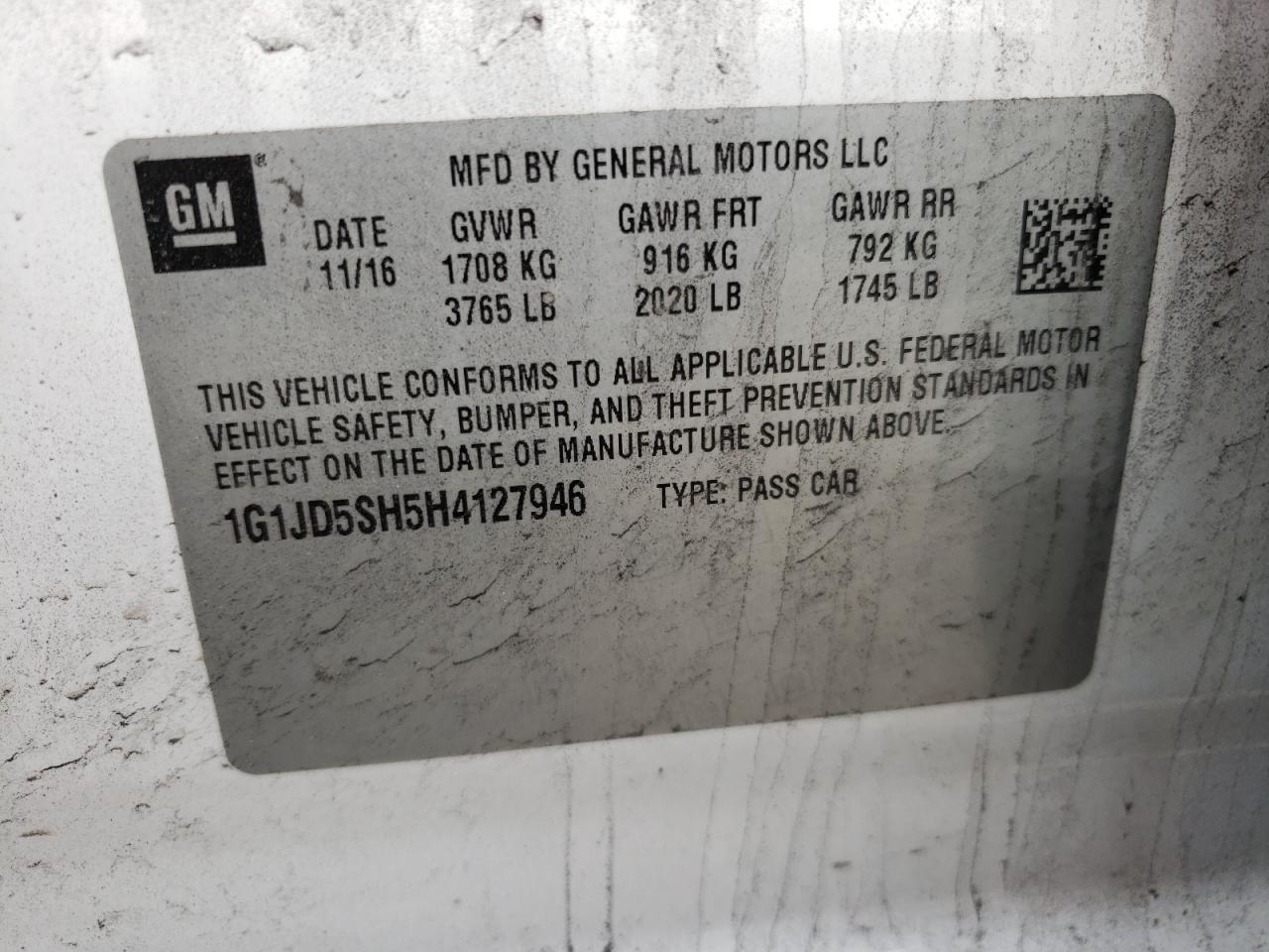 Photo 10 from auction – 2017 CHEVROLET SONIC LT with VIN 1G1JD5SH5H4127946