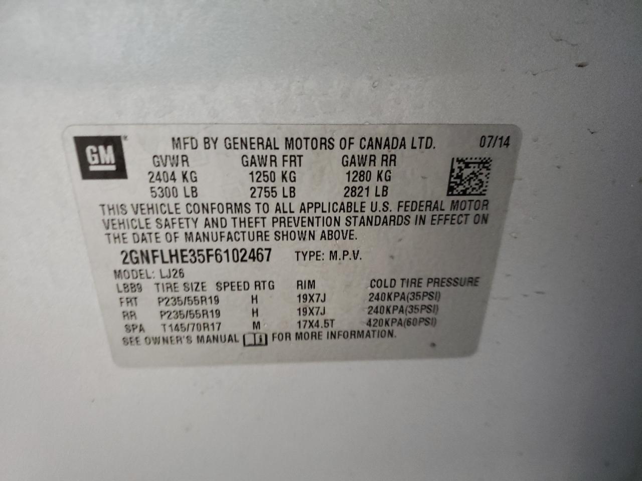 Photo 10 from auction – 2015 CHEVROLET EQUINOX LT with VIN 2GNFLHE35F6102467