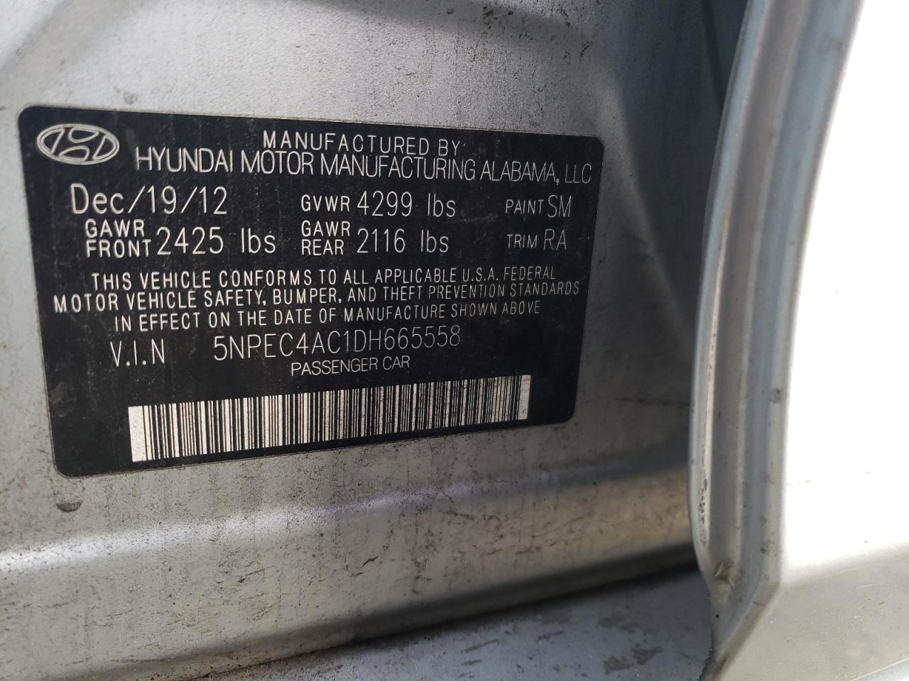 Photo 10 from auction – 2013 HYUNDAI SONATA SE with VIN 5NPEC4AC1DH665558