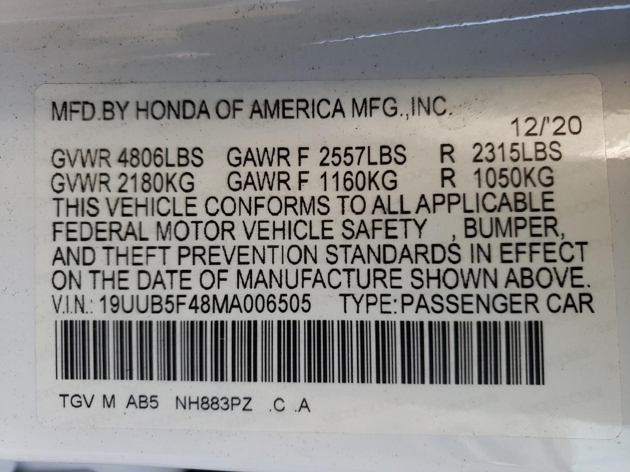Photo 10 from auction – 2021 ACURA TLX TECHNO with VIN 19UUB5F48MA006505