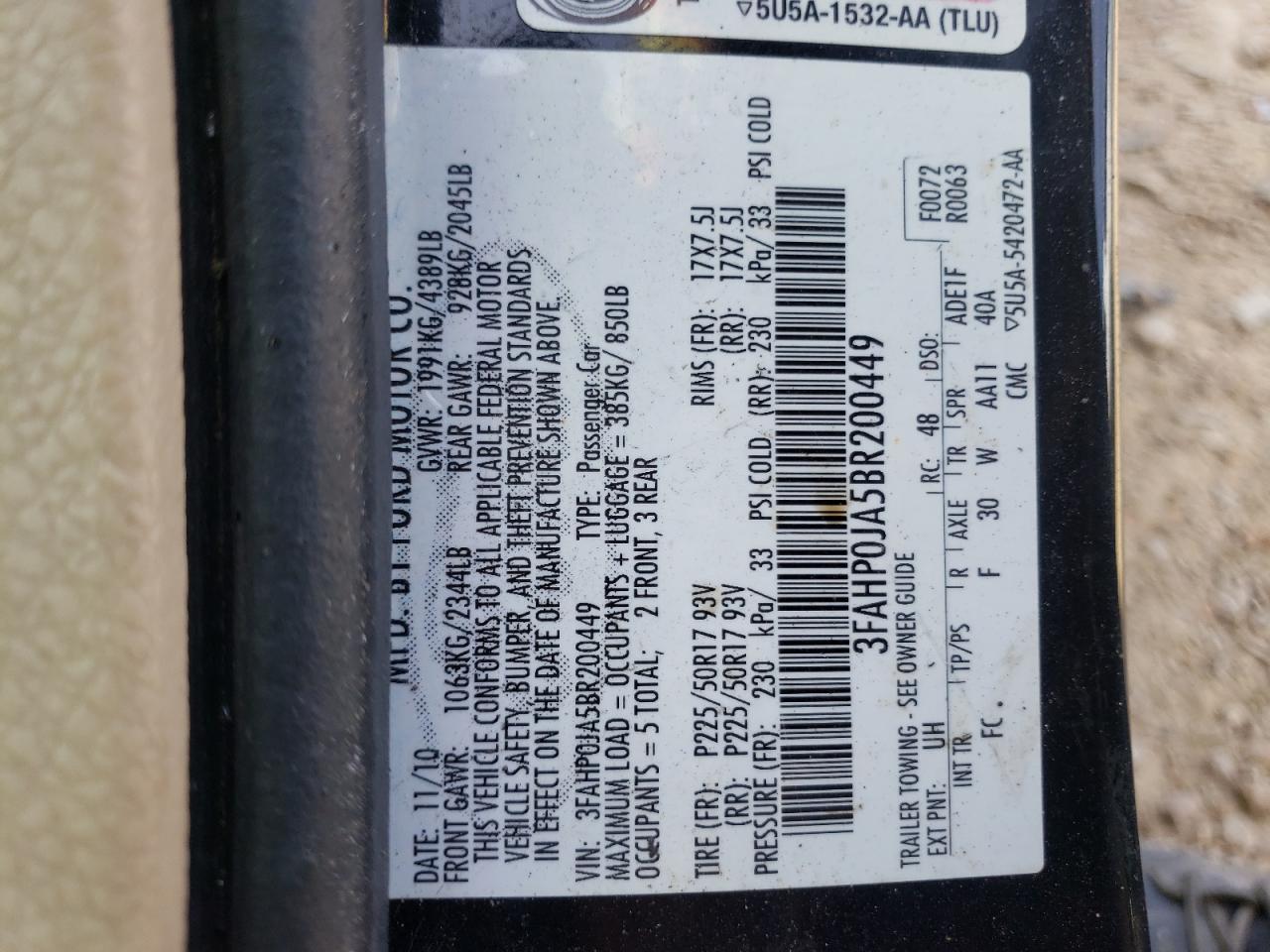 Photo 10 from auction – 2011 FORD FUSION SEL with VIN 3FAHP0JA5BR200449