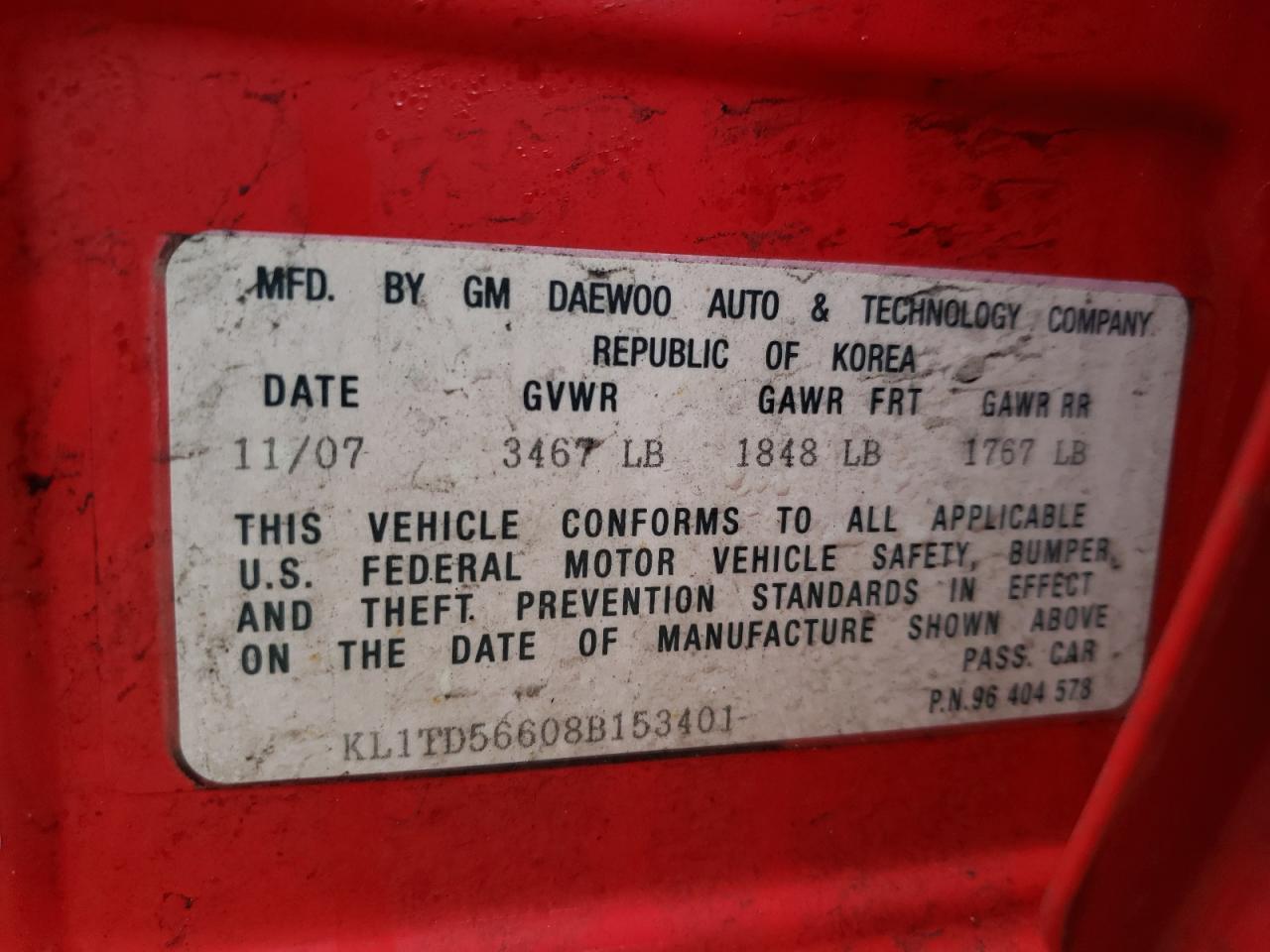 Photo 10 from auction – 2008 CHEVROLET AVEO BASE with VIN KL1TD56608B153401