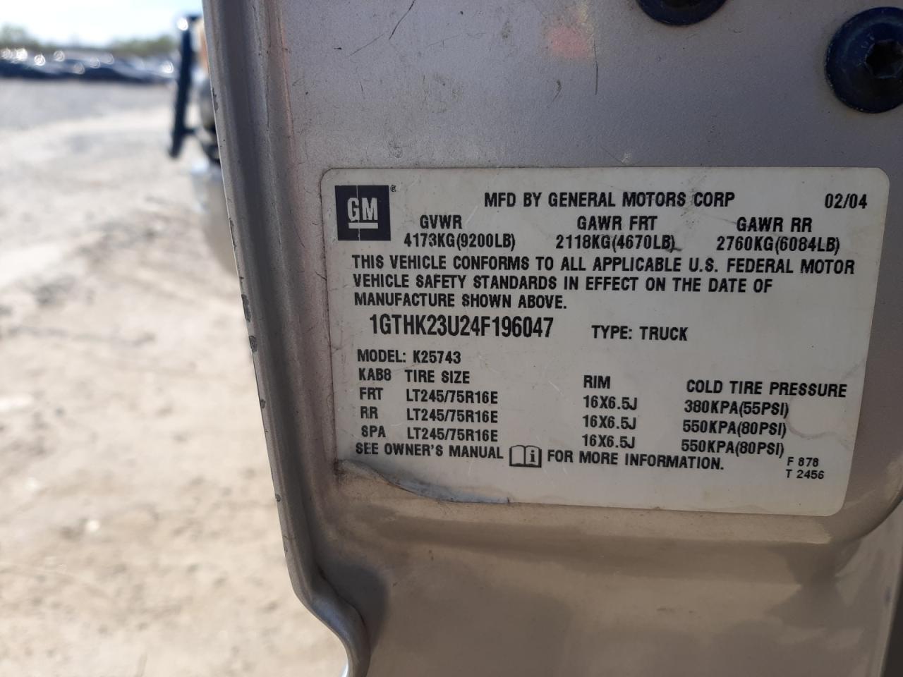 Photo 10 from auction – 2004 GMC SIERRA K25 with VIN 1GTHK23U24F196047