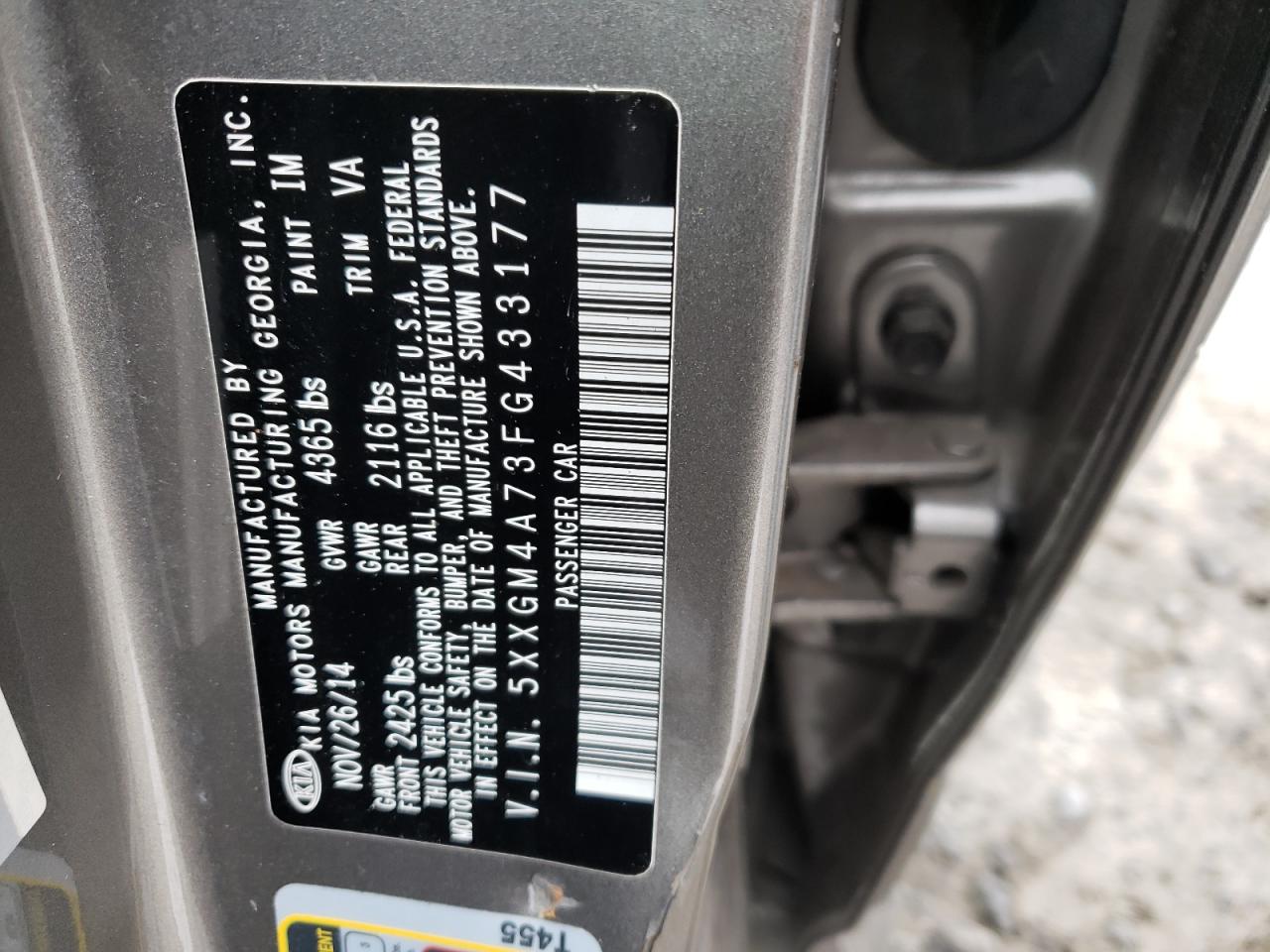 Photo 10 from auction – 2015 KIA OPTIMA LX with VIN 5XXGM4A73FG433177