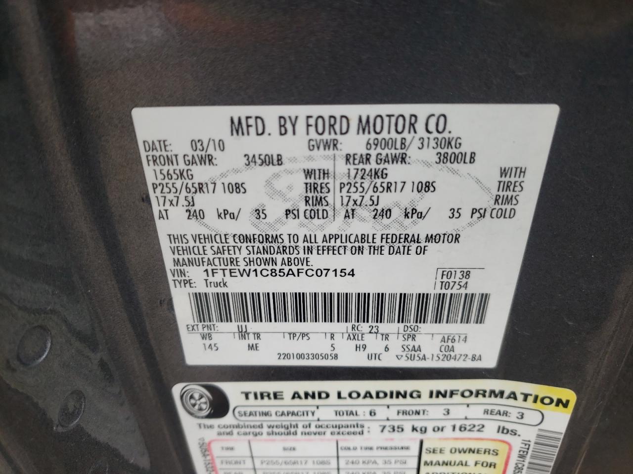 Photo 10 from auction – 2010 FORD F150 SUPER with VIN 1FTEW1C85AFC07154