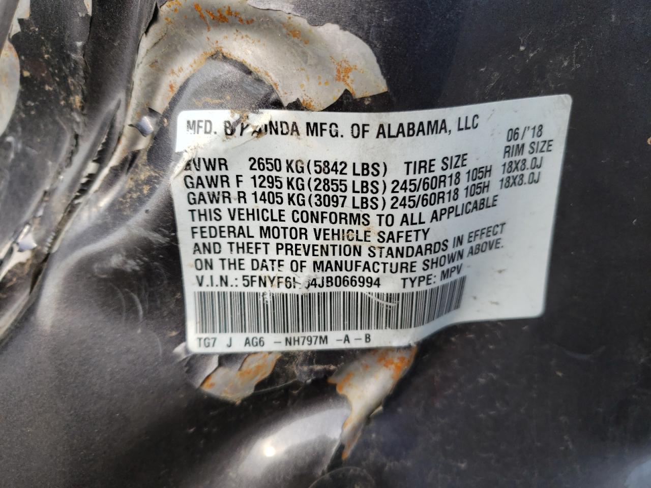 Photo 10 from auction – 2018 HONDA PILOT EXL with VIN 5FNYF6H54JB066994