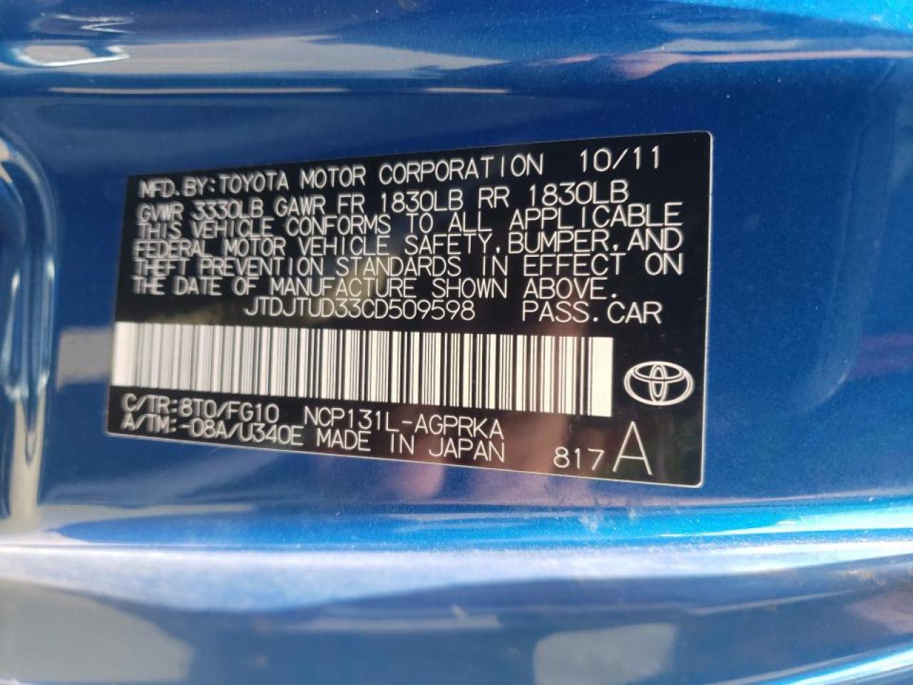 Photo 10 from auction – 2012 TOYOTA YARIS with VIN JTDJTUD33CD509598