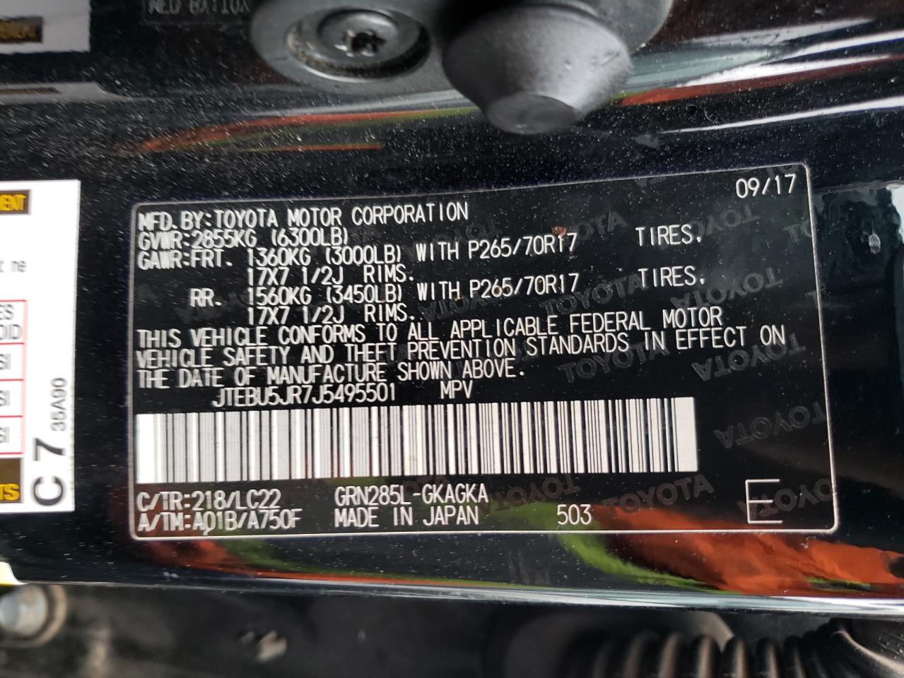 Photo 10 from auction – 2018 TOYOTA 4RUNNER SR with VIN JTEBU5JR7J5495501