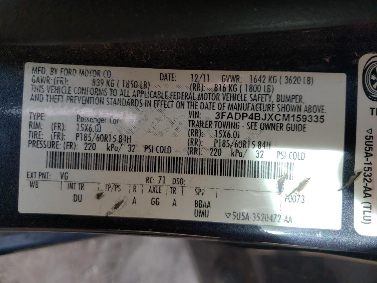 Photo 10 from auction – 2012 FORD FIESTA SE with VIN 3FADP4BJXCM159335