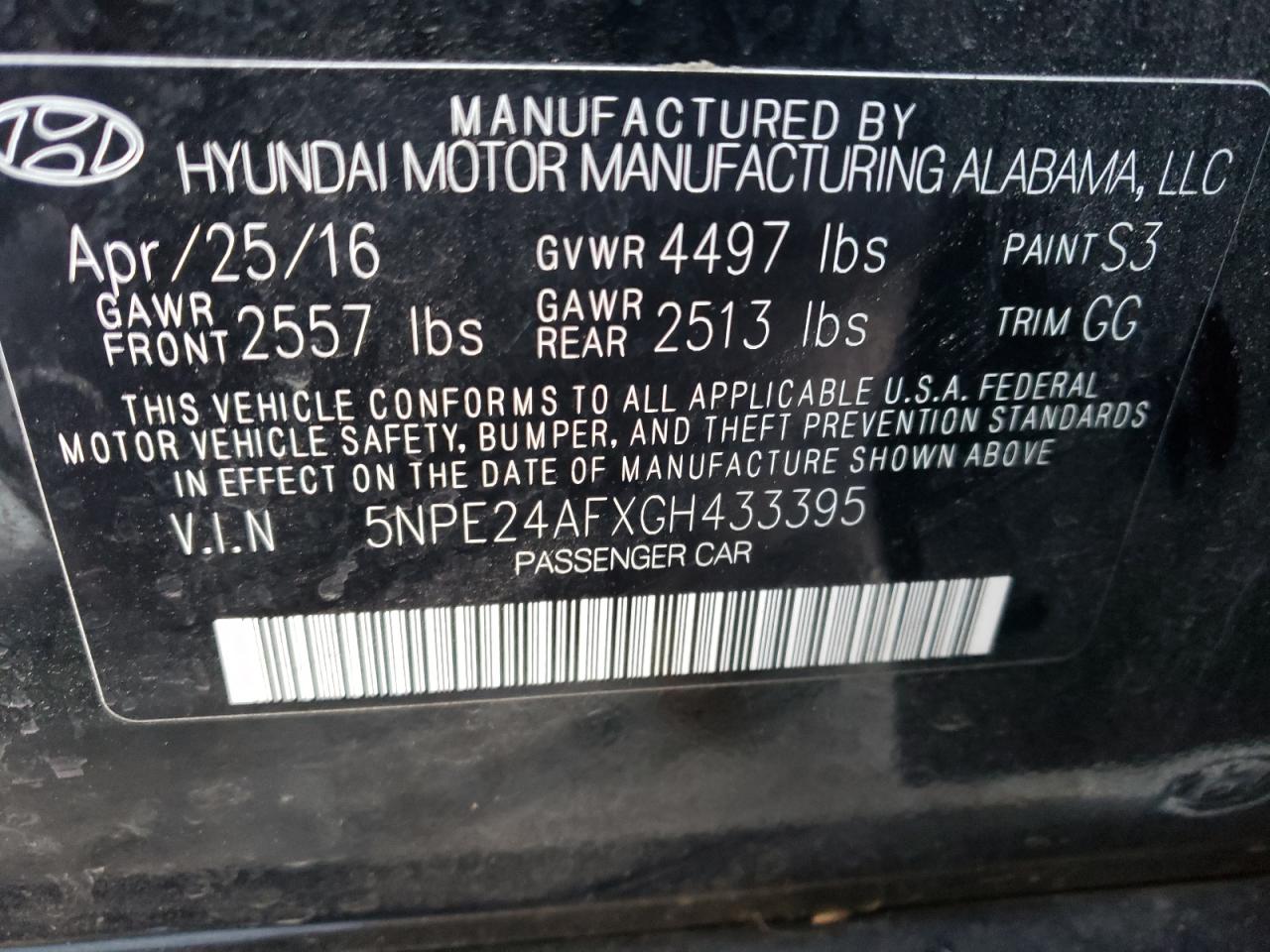 Photo 10 from auction – 2016 HYUNDAI SONATA SE with VIN 5NPE24AFXGH433395