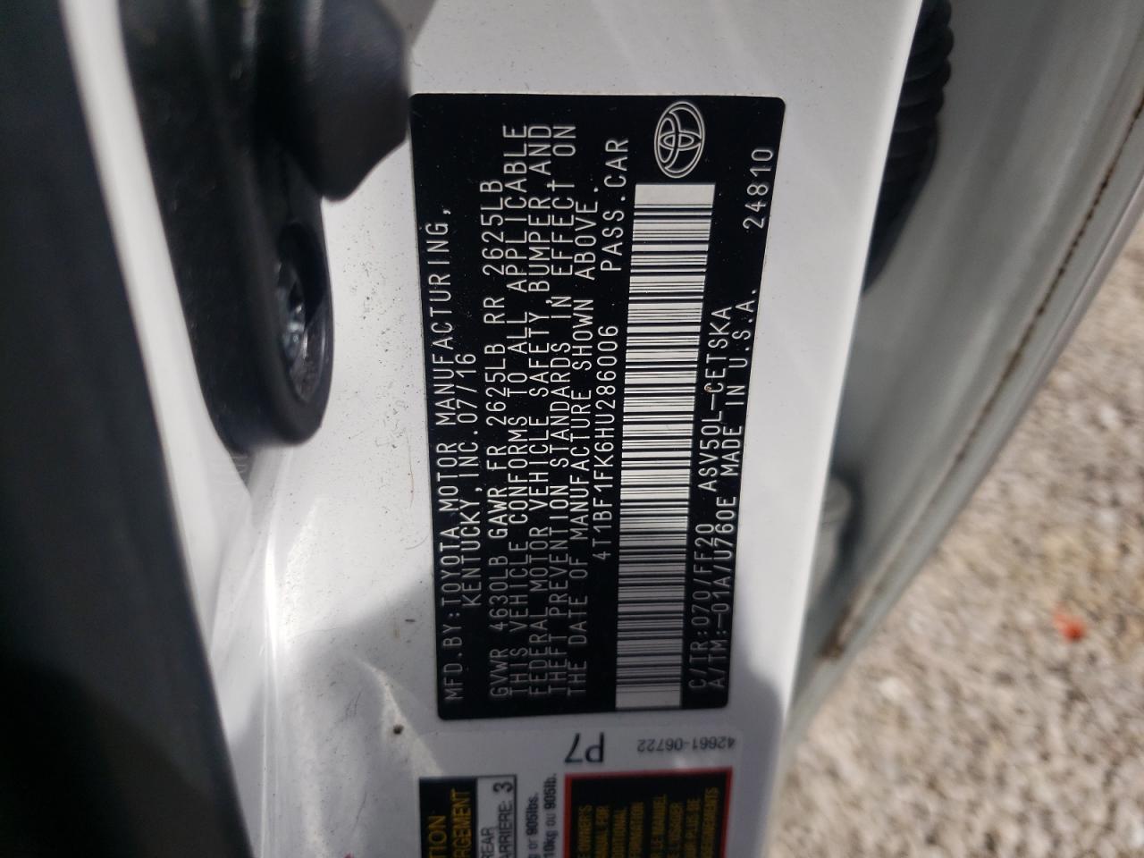 Photo 10 from auction – 2017 TOYOTA CAMRY LE with VIN 4T1BF1FK6HU286006