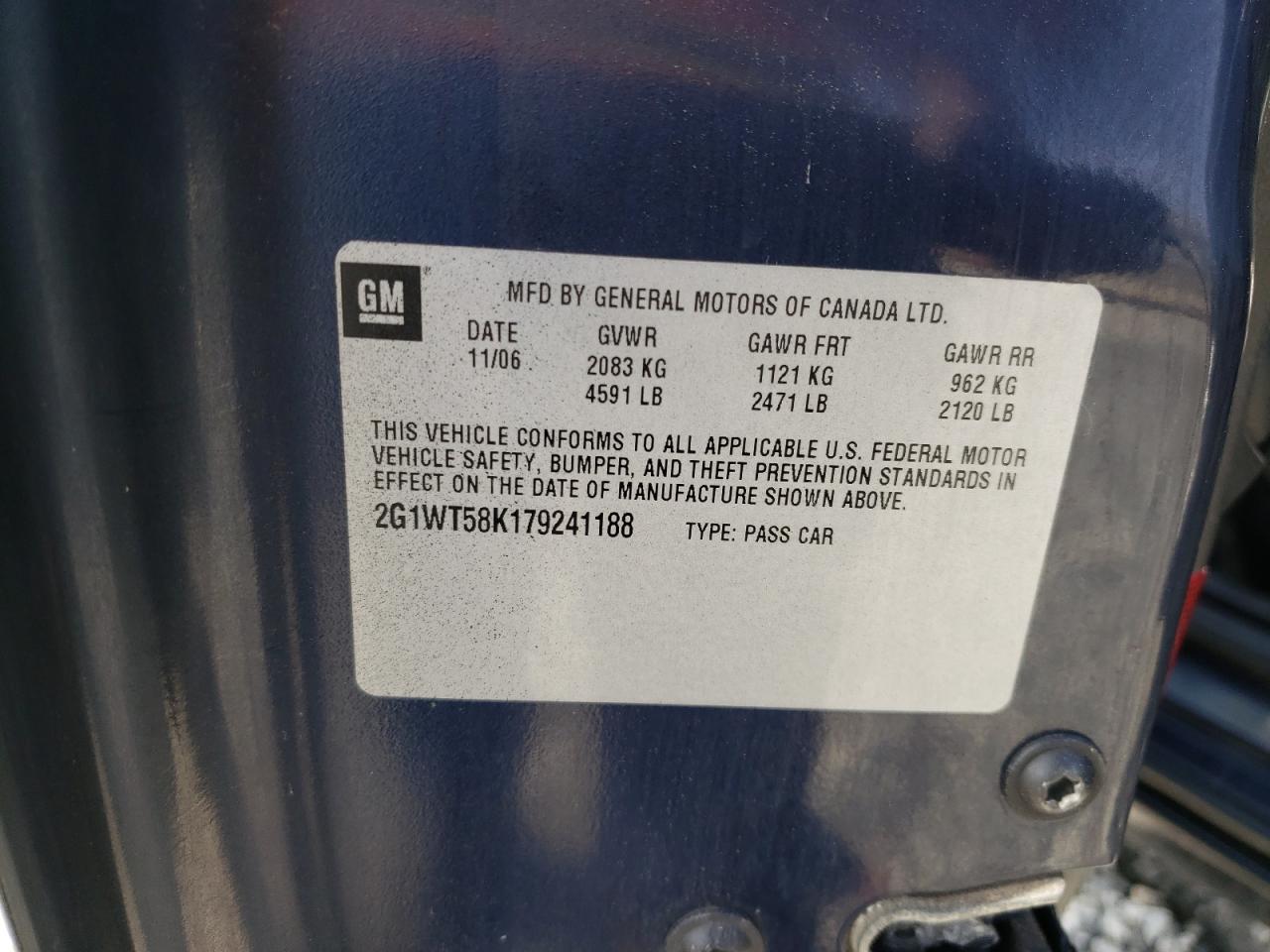 Photo 10 from auction – 2007 CHEVROLET IMPALA LT with VIN 2G1WT58K179241188