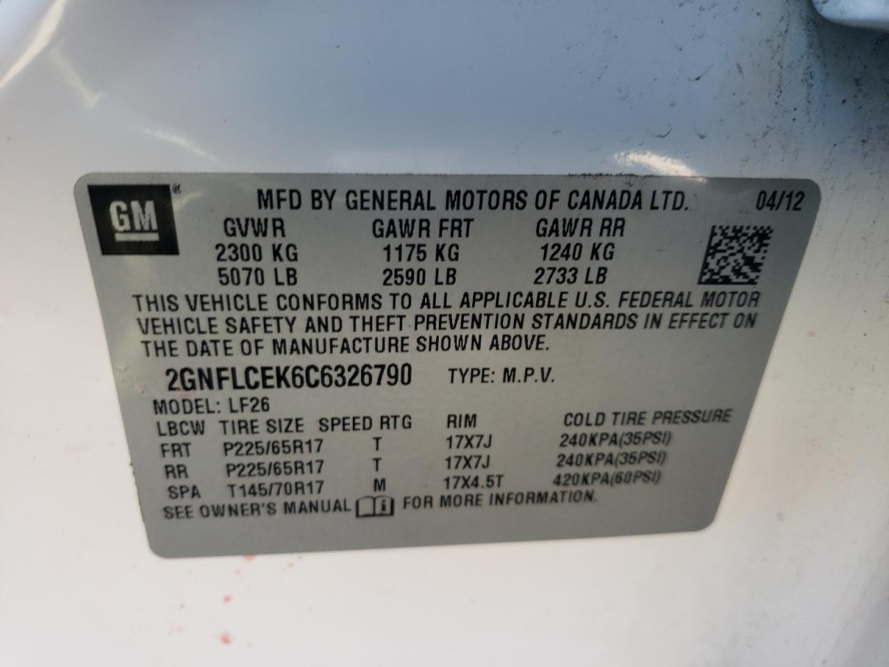 Photo 10 from auction – 2012 CHEVROLET EQUINOX LS with VIN 2GNFLCEK6C6326790