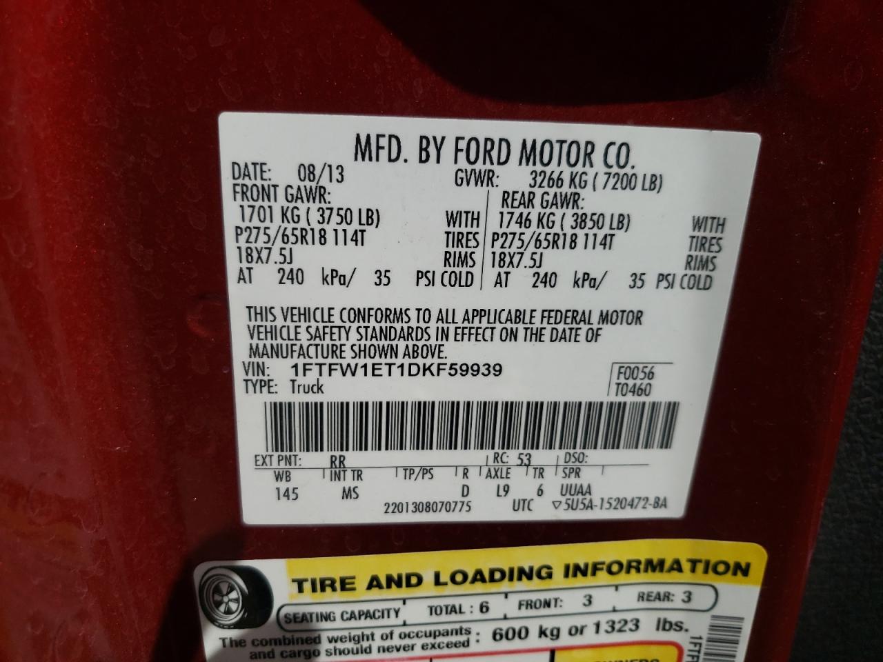 Photo 10 from auction – 2013 FORD F150 SUPER with VIN 1FTFW1ET1DKF59939