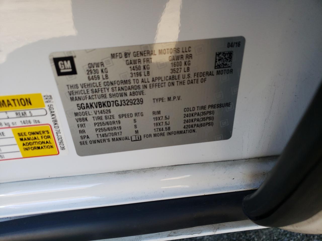 Photo 19 from auction – 2016 BUICK ENCLAVE with VIN 5GAKVBKD7GJ329239