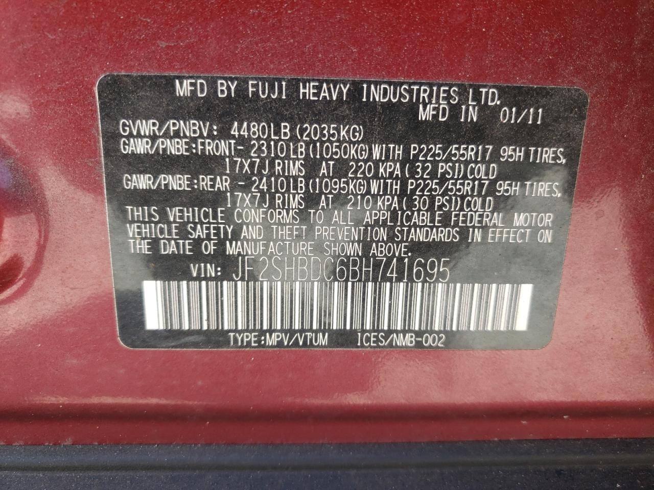 Photo 10 from auction – 2011 SUBARU FORESTER 2 with VIN JF2SHBDC6BH741695