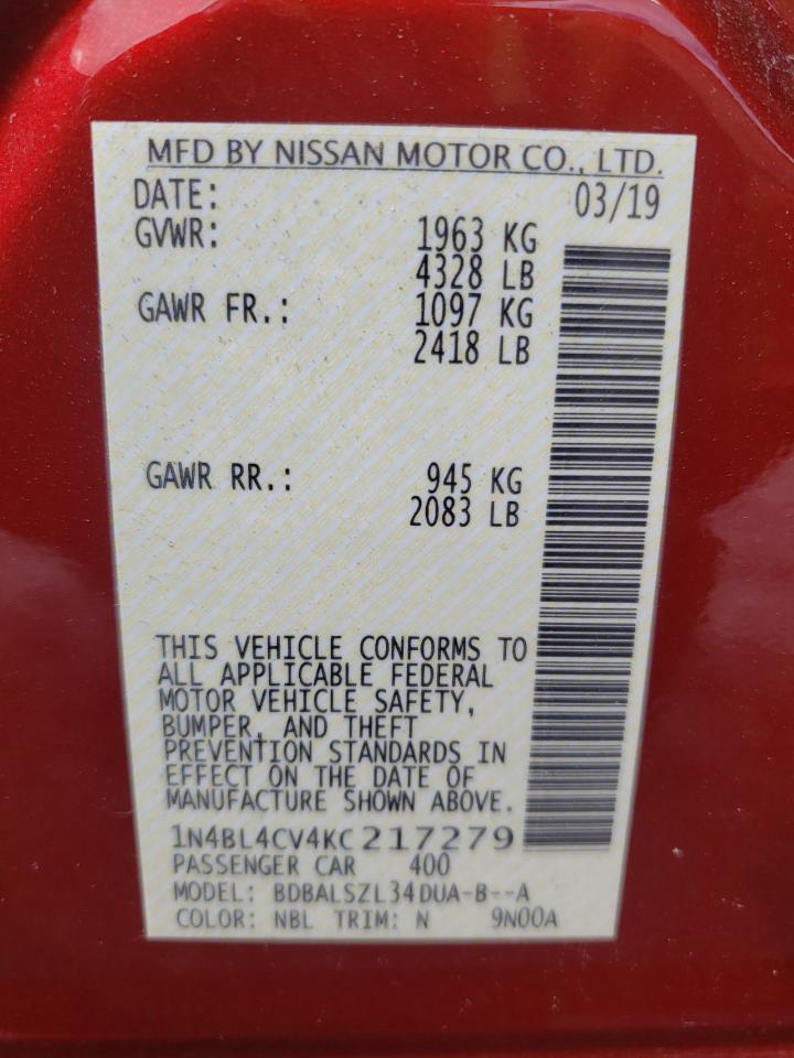 Photo 10 from auction – 2019 NISSAN ALTIMA SR with VIN 1N4BL4CV4KC217279