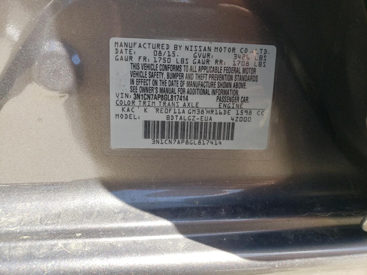 Photo 10 from auction – 2016 NISSAN VERSA S with VIN 3N1CN7AP8GL817414