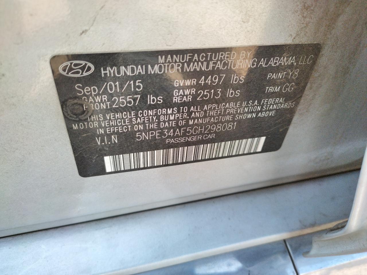 Photo 10 from auction – 2016 HYUNDAI SONATA SPO with VIN 5NPE34AF5GH298081