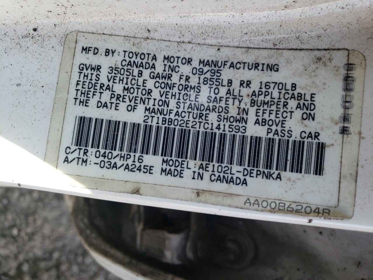 Photo 10 from auction – 1996 TOYOTA COROLLA DX with VIN 2T1BB02E2TC141593