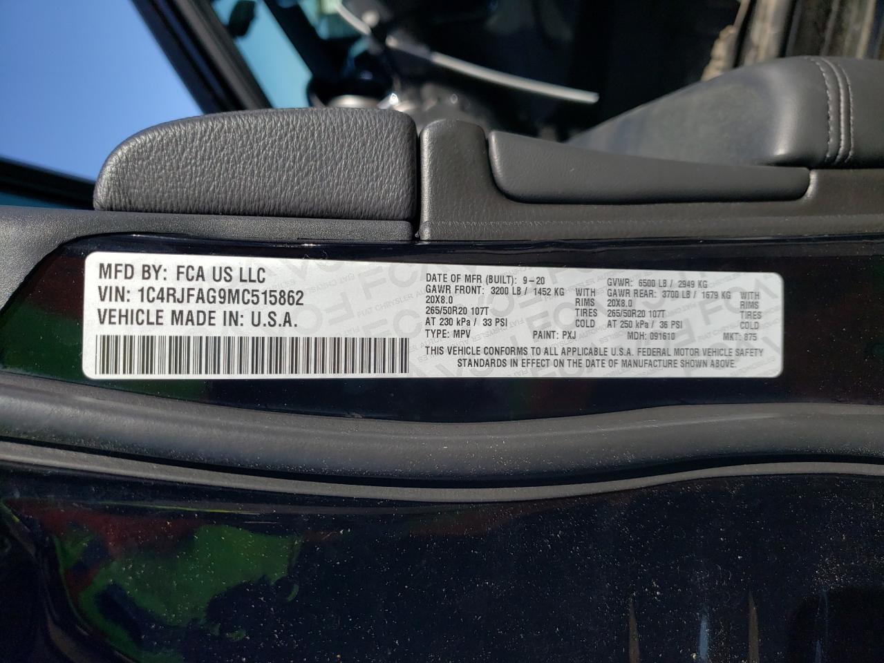 Photo 10 from auction – 2021 JEEP GRAND CHER with VIN 1C4RJFAG9MC515862
