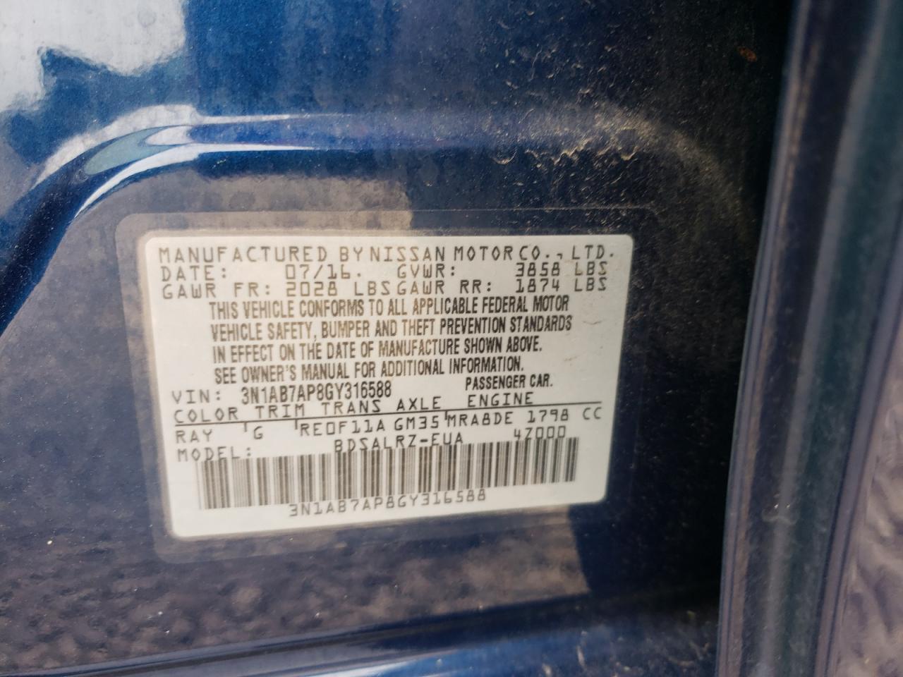 Photo 10 from auction – 2016 NISSAN SENTRA with VIN 3N1AB7AP8GY316588