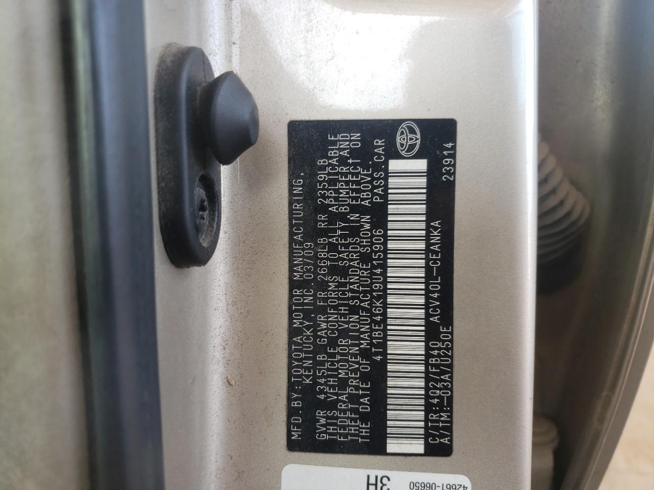 Photo 10 from auction – 2009 TOYOTA CAMRY BASE with VIN 4T1BE46K19U415906