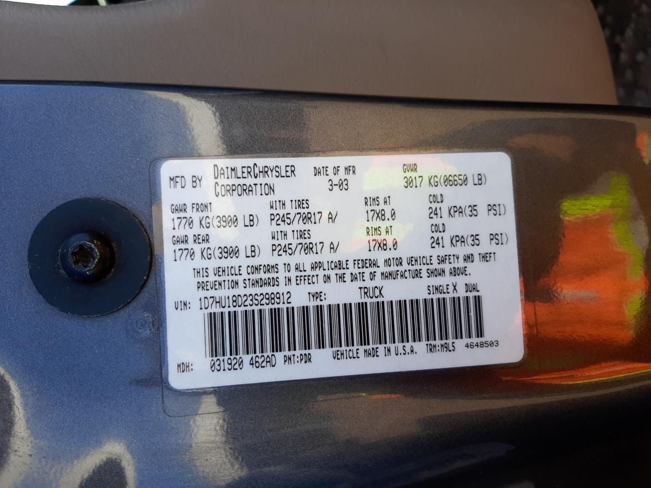 Photo 10 from auction – 2003 DODGE RAM 1500 S with VIN 1D7HU18D23S298912