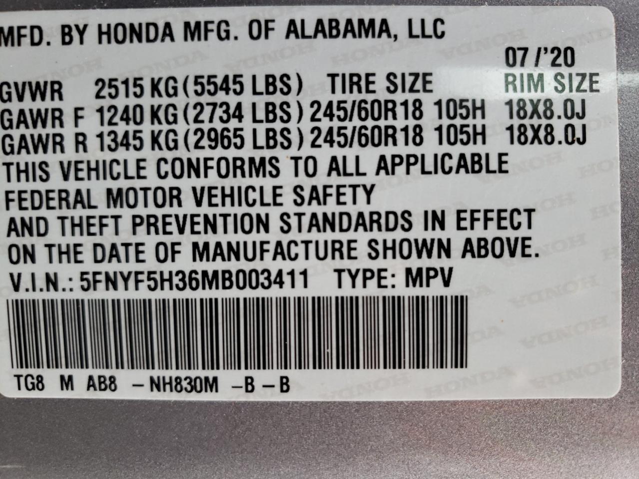 Photo 10 from auction – 2021 HONDA PILOT EX with VIN 5FNYF5H36MB003411