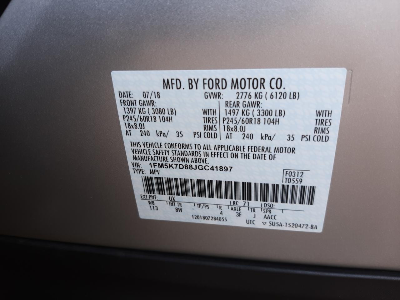 Photo 10 from auction – 2018 FORD EXPLORER X with VIN 1FM5K7D88JGC41897