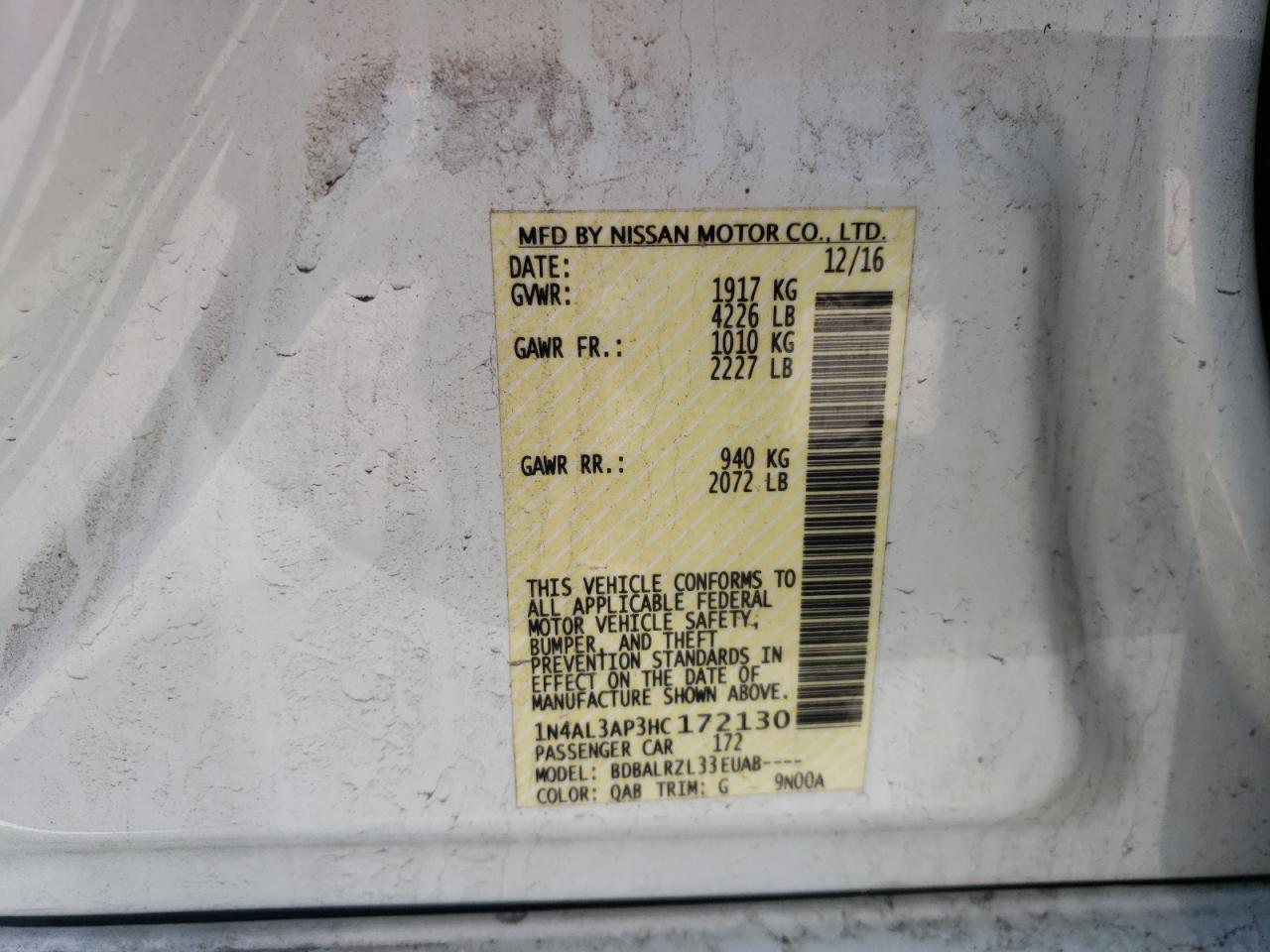 Photo 10 from auction – 2017 NISSAN ALTIMA 2.5 with VIN 1N4AL3AP3HC172130
