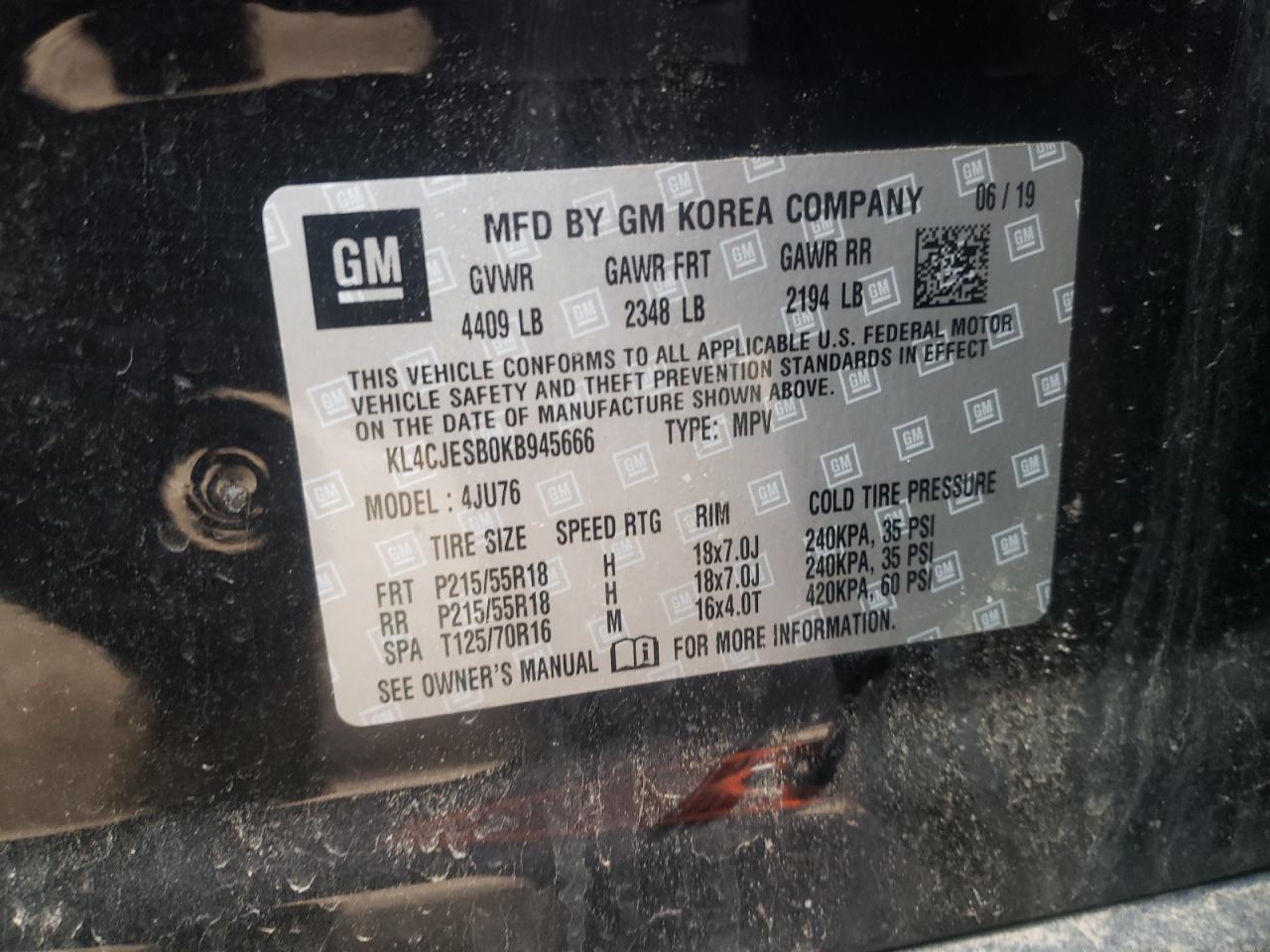 Photo 10 from auction – 2019 BUICK ENCORE PRE with VIN KL4CJESB0KB945666