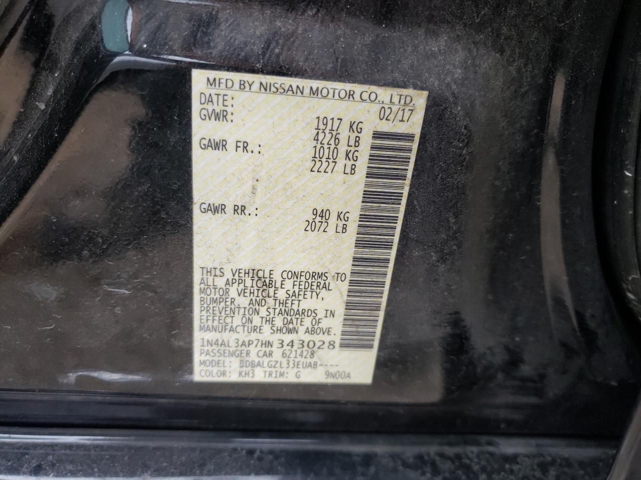 Photo 10 from auction – 2017 NISSAN ALTIMA 2.5 with VIN 1N4AL3AP7HN343028