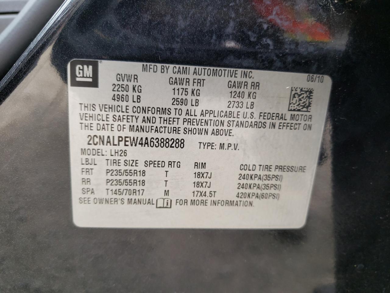 Photo 10 from auction – 2010 CHEVROLET EQUINOX LT with VIN 2CNALPEW4A6388288