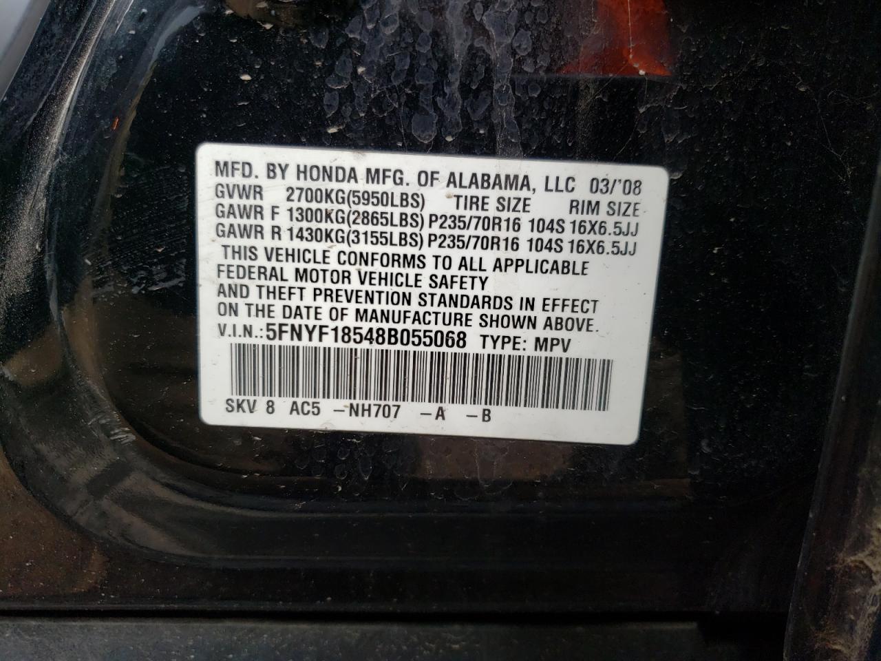 Photo 10 from auction – 2008 HONDA PILOT EXL with VIN 5FNYF18548B055068