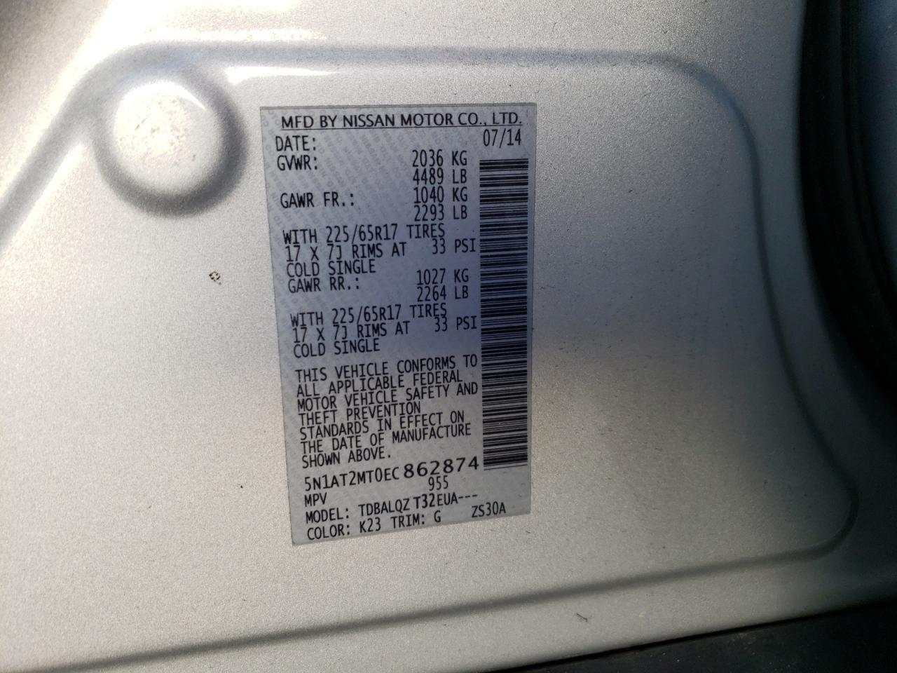 Photo 10 from auction – 2014 NISSAN ROGUE S with VIN 5N1AT2MT0EC862874