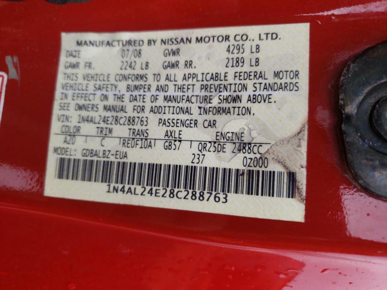 Photo 10 from auction – 2008 NISSAN ALTIMA 2.5 with VIN 1N4AL24E28C288763