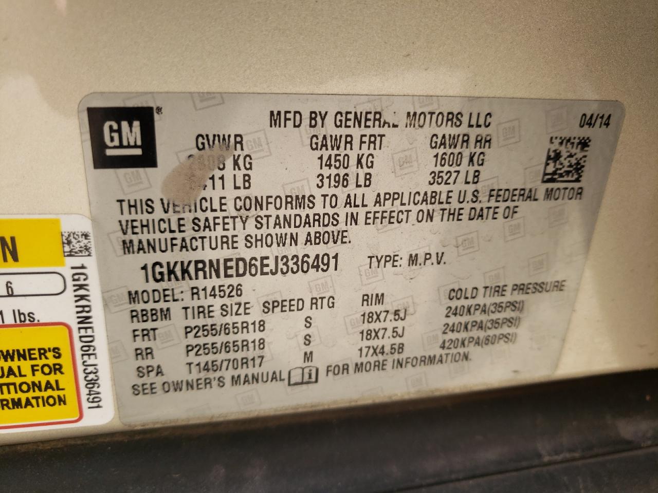 Photo 10 from auction – 2014 GMC ACADIA SLE with VIN 1GKKRNED6EJ336491