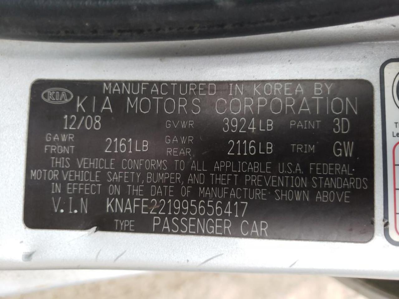 Photo 10 from auction – 2009 KIA SPECTRA EX with VIN KNAFE221995656417