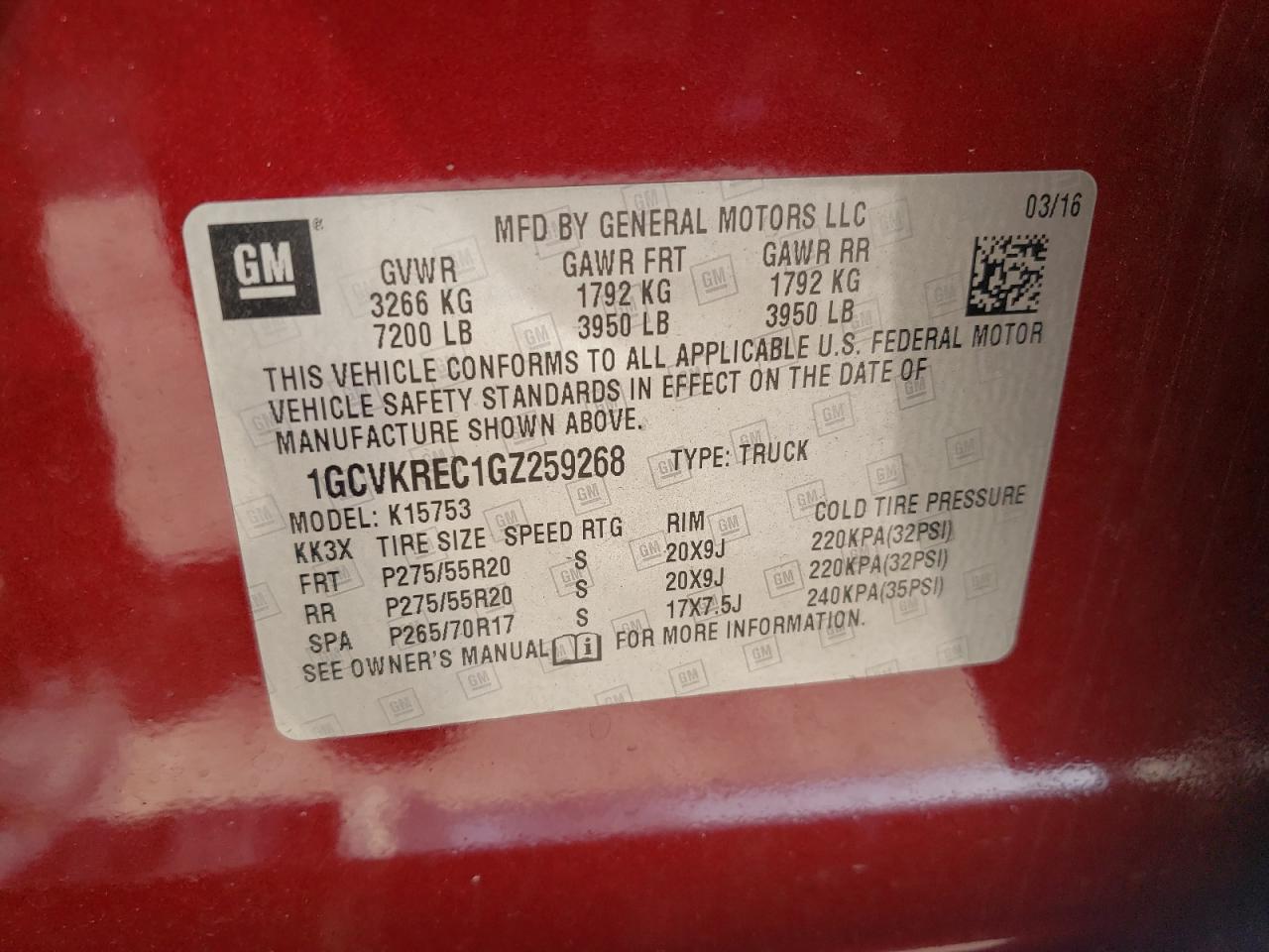 Photo 10 from auction – 2016 CHEVROLET SILVERADO with VIN 1GCVKREC1GZ259268