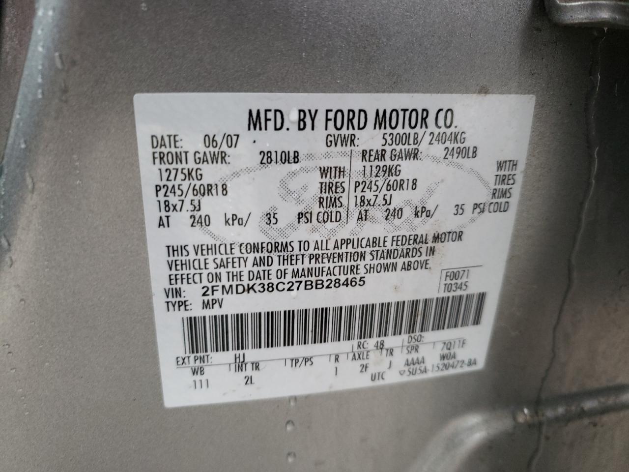 Photo 10 from auction – 2007 FORD EDGE SEL with VIN 2FMDK38C27BB28465